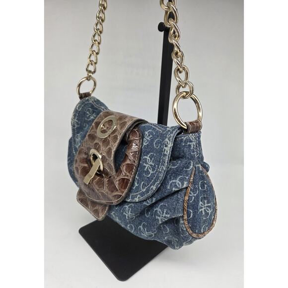 Vintage Y2K Guess Denim Croc Embossed Buckle Bag Gold Chain Vegan Leather Blue - Picture 3 of 16